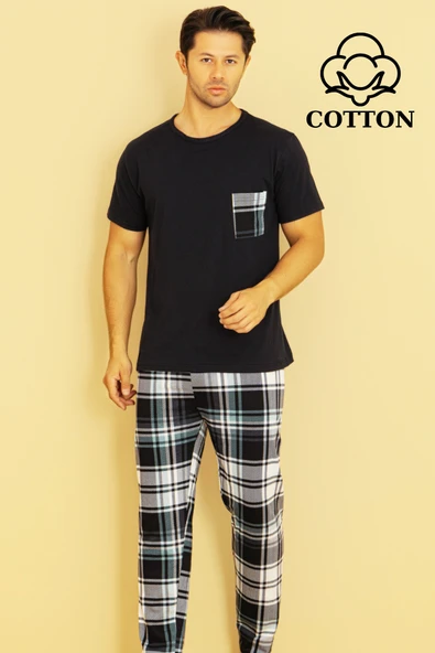 Erkek Pamuklu Pijama Takımı Cotton Gömlek ve Pijama Seti - Resim 2