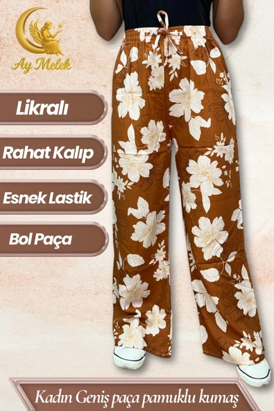 Kadın Pamuklu Dokuma Desenli Bol Kesim Geniş Paça Pantolon - Resim 5