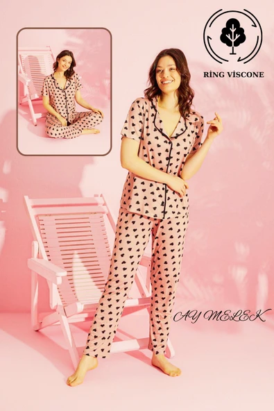 Kadın Pijama Takımı Ring Viscone Bambu Doku Gömlek ve Pijama Seti - Resim 9
