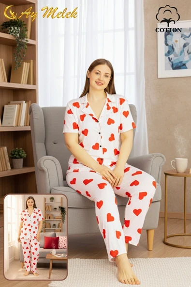 Kadın Pijama Takımı Pamuklu Geniş Beden Gömlek ve Pijama Seti (Battal Boy) - Resim 7