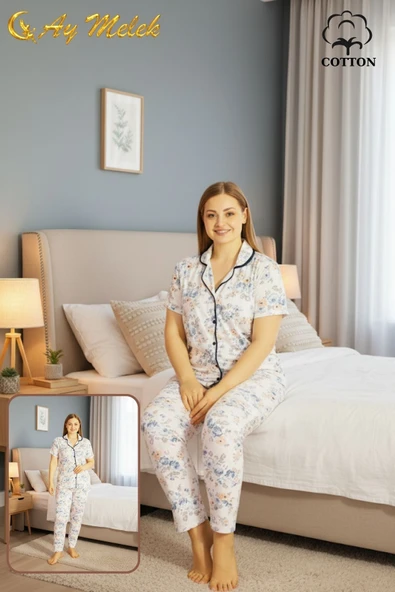 Kadın Pijama Takımı Pamuklu Geniş Beden Gömlek ve Pijama Seti (Battal Boy) - Resim 2