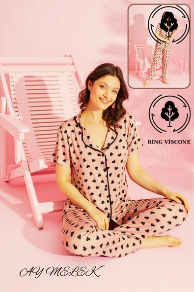 Kadın Pijama Takımı Ring Viscone Bambu Doku Gömlek ve Pijama Seti - Resim 10