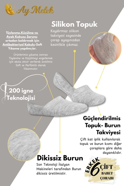 Erkek Çorap (6 Çift) Silikon Topuk Kaymayan Burun Dikişsiz Kaliteli Babet Çorap - Resim 6