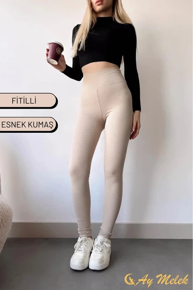 Kadın Tayt Yüksek Bel Toparlayıcı İç Göstermeyen Mevsimlik Fitilli Tayt - Resim 8