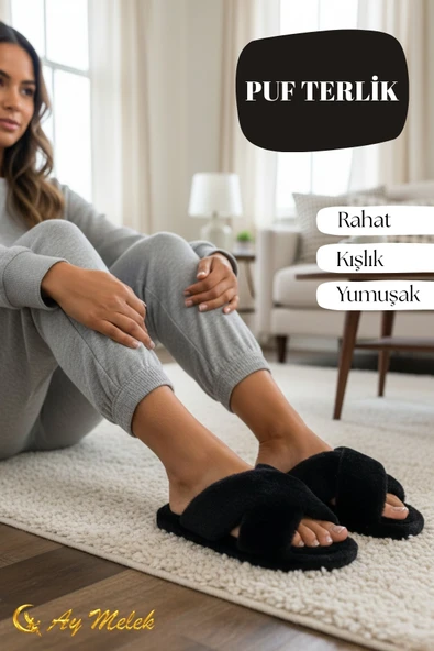 Kadın Ev Terliği Peluş Çapraz Yumuşak Tabanlı, Kaymaz, Kışlık Terlik - Resim 4