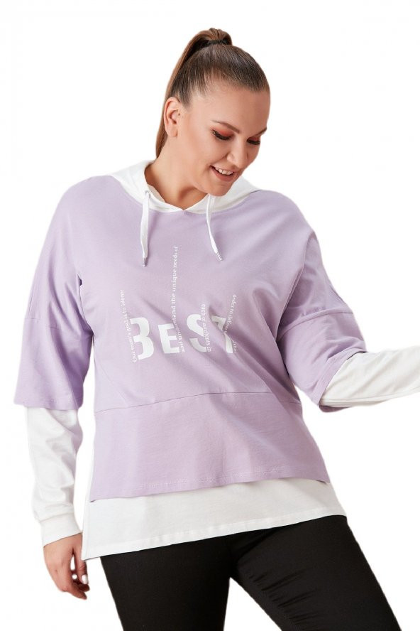 Fierte Kadın Büyük Beden Sweatshirt Rg4685 Sabit Kapüşon Uzun Kol Spor Baskı Desen Rahat Gül Kurusu Lila - 2