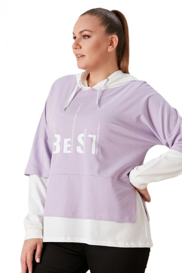Fierte Kadın Büyük Beden Sweatshirt Rg4685 Sabit Kapüşon Uzun Kol Spor Baskı Desen Rahat Gül Kurusu Lila - 3