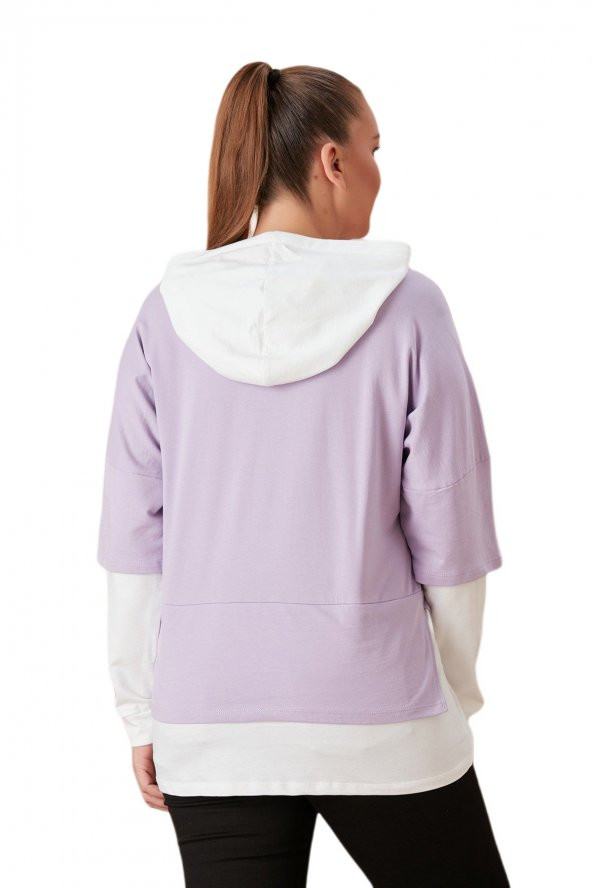 Fierte Kadın Büyük Beden Sweatshirt Rg4685 Sabit Kapüşon Uzun Kol Spor Baskı Desen Rahat Gül Kurusu Lila - 4