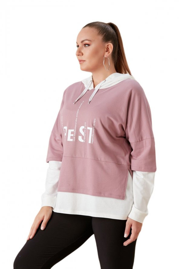 Fierte Kadın Büyük Beden Sweatshirt Rg4685 Sabit Kapüşon Uzun Kol Spor Baskı Desen Rahat Gül Kurusu Lila - 7