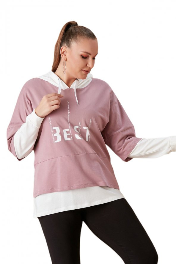 Fierte Kadın Büyük Beden Sweatshirt Rg4685 Sabit Kapüşon Uzun Kol Spor Baskı Desen Rahat Gül Kurusu Lila - 8