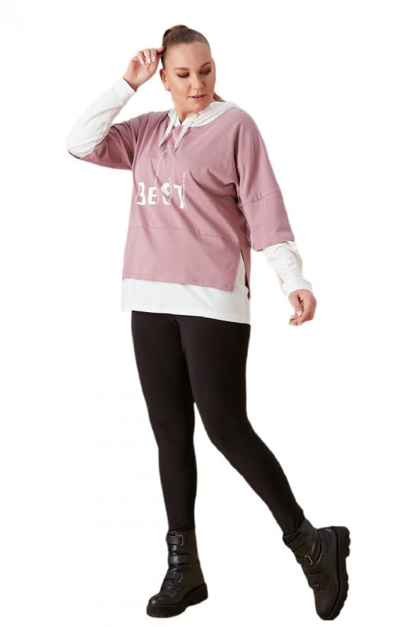 Fierte Kadın Büyük Beden Sweatshirt Rg4685 Sabit Kapüşon Uzun Kol Spor Baskı Desen Rahat Gül Kurusu Lila - 10
