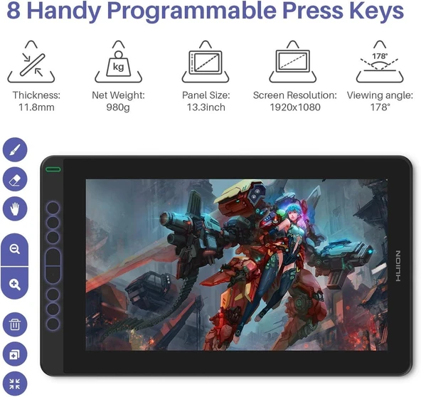 HUION KAMVAS 13 Grafik Çizim Tableti, Ayarlanabilir Stand - Yeşil - Resim 2