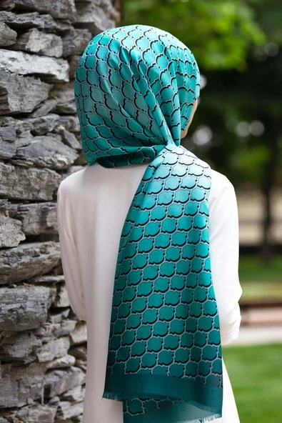 %100 İpek Petek Desenli Zümrüt Yeşili - Su Yeşili Renkli 92x210 Şal ürün görseli