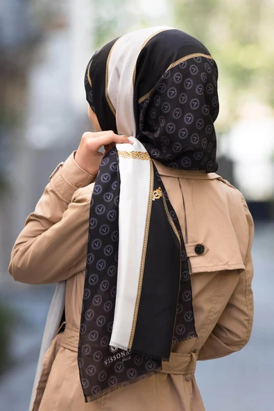 100% İPEK GEOMETRİK DESENLİ BEYAZ - SİYAH RENKLİ ŞAL - Resim 2