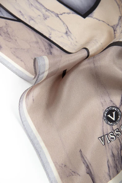 100% İPEK MERMER DESENLİ BEJ - GRİ RENKLİ ŞAL - Resim 4