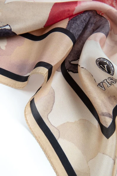 %100 İpek Suluboya Çiçek Desenli Bej - Kırmızı Renkli 92x210 Şal - Resim 4