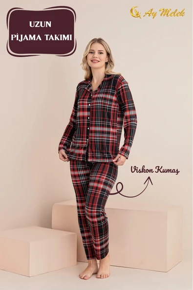 Kadın Pijama Takımı Pamuklu Polo Yaka Çizgili Takım - Resim 4