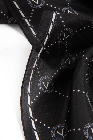 % 100 İpek V Logo Desenli Siyah - Krem Renkli 90x210 Şal - Resim 3