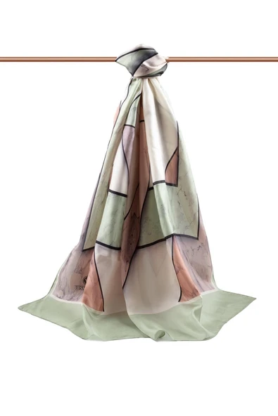 100% İPEK MERMER DESENLİ HAKİ - TABA RENKLİ ŞAL - Resim 2