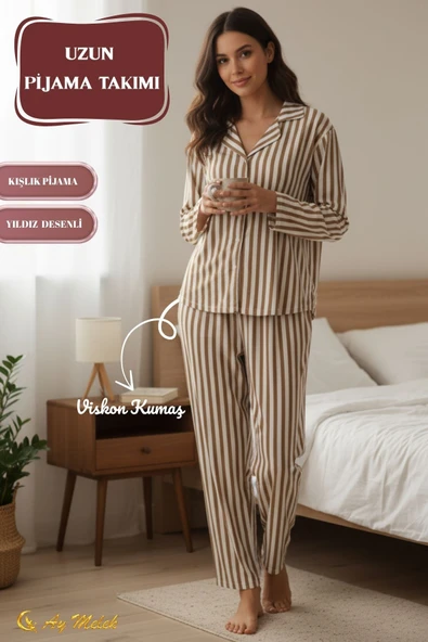 Kadın Pijama Takımı Pamuklu Polo Yaka Çizgili Takım - Resim 7