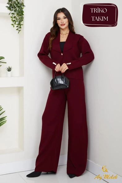 Kadın Triko Takım Düğmeli Şal Yaka Şık Pantolon Takım - Resim 11