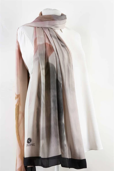 SÜVARİ ŞAL ÇİÇEK DESENLİ SİYAH - PUDRA RENKLİ 75X210 ŞAL İTALYAN DİKİŞLİ - Resim 2