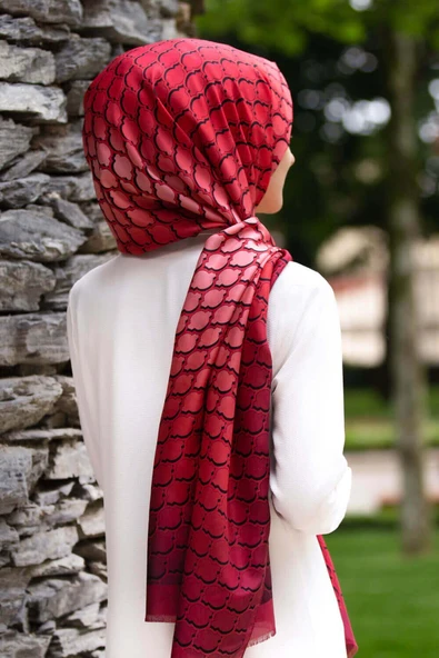 %100 İpek Petek Desenli Bordo - Nar Çiçeği Renkli 92x210 Şal ürün görseli