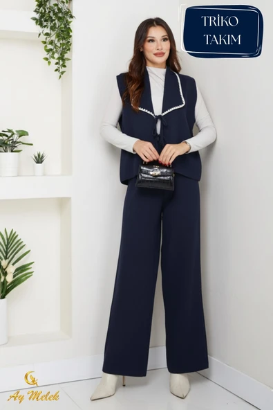 Kadın Triko Takım Şal Yaka Yelekli Pantolon Takım - Resim 8