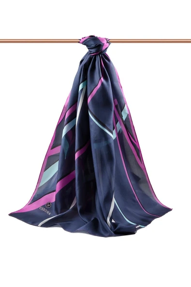 100% İPEK ÇİZGİ DESENLİ LACİVERT - FUŞYA RENKLİ ŞAL - Resim 2