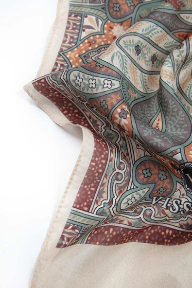 %100 İpek Etnik Desenli Sütlükahve Renkli 92x210 Şal - Resim 4