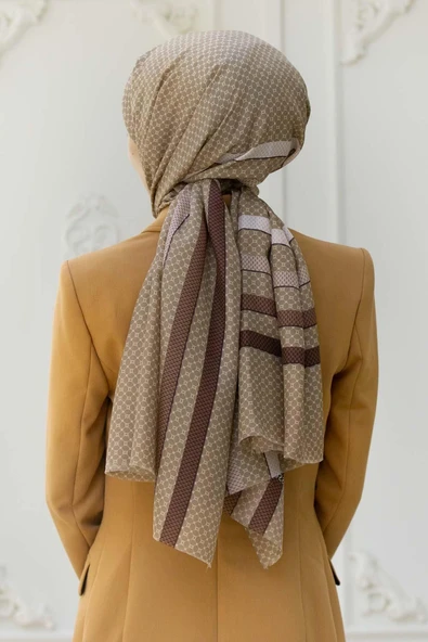 100% İPEK BANT DESENLİ VİZON RENKLİ ŞAL ürün görseli 1