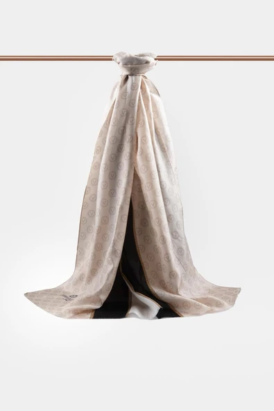 100% İPEK GEOMETRİK DESENLİ BEJ - SİYAH RENKLİ ŞAL - Resim 3