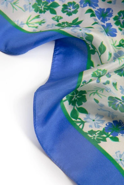 %100 İpek Çıtır Çiçek Desenli Saks Renkli 92x210 Şal - Resim 3