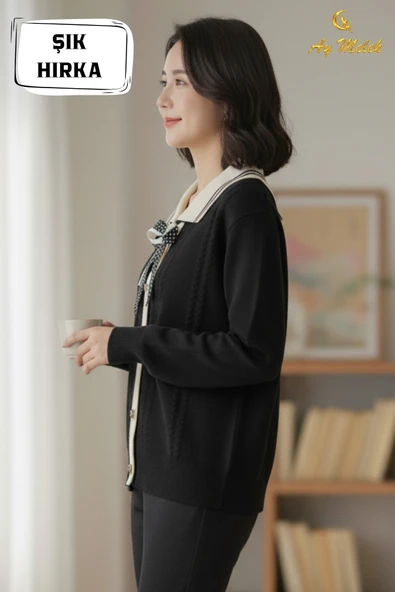 Kadın Triko Polo Yaka Düğmeli Fiyonklu Hırka - Resim 6