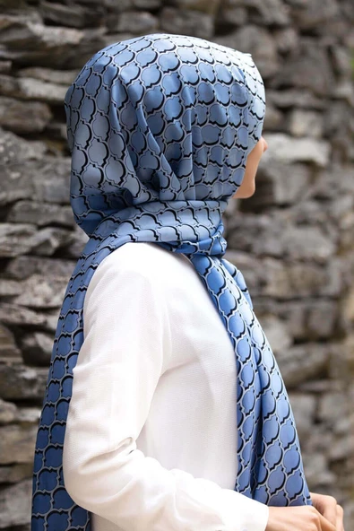 %100 İpek Petek Desenli İndigo - Buz Mavisi Renkli 92x210 Şal - Resim 2