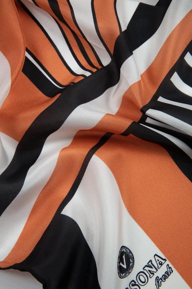 %100 İpek Yelpaze Desenli Taba - Siyah Renkli 92x210 Şal - Resim 4