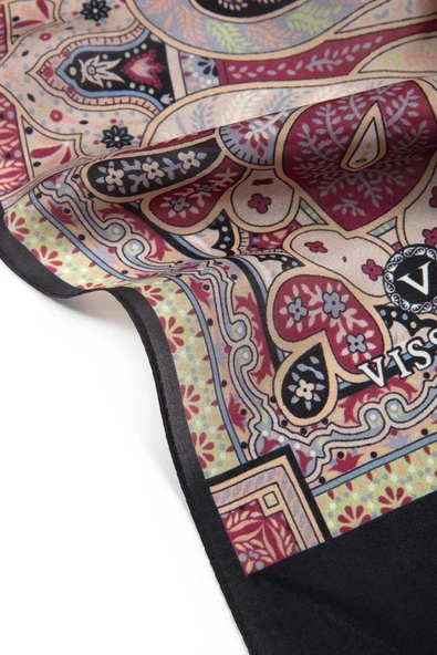 %100 İpek Etnik Desenli Siyah Renkli 92x210 Şal - Resim 4