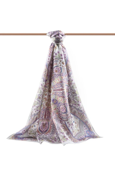 100% İpek Etnik Desenli Gri - Taba Renkli 92x210 Şal ürün görseli