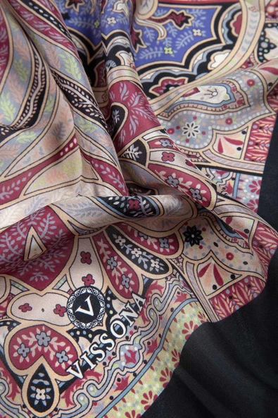 %100 İpek Etnik Desenli Siyah Renkli 92x210 Şal - Resim 3