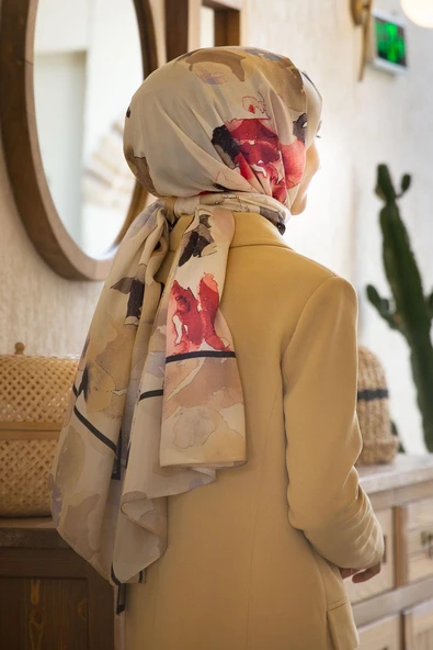 %100 İpek Suluboya Çiçek Desenli Bej - Kırmızı Renkli 92x210 Şal ürün görseli