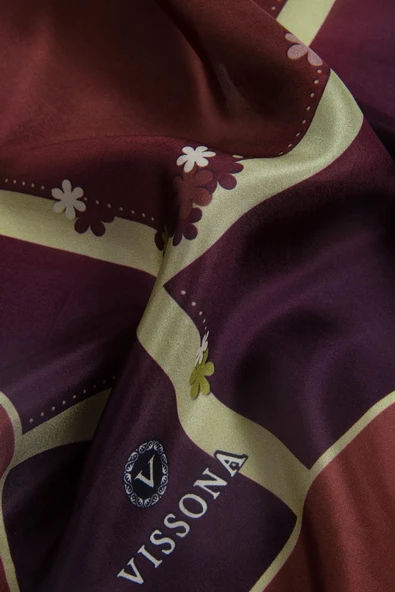 %100 İpek Çiçek Desenli Bordo Renkli 92x210 Şal - Resim 3