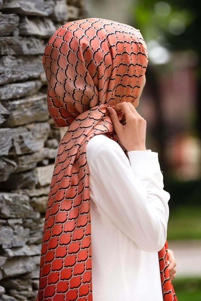 %100 İpek Petek Desenli Taba - Somon Renkli 92x210 Şal - Resim 2