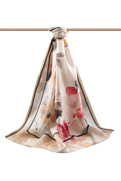 %100 İpek Suluboya Çiçek Desenli Bej - Kırmızı Renkli 92x210 Şal - Resim 2