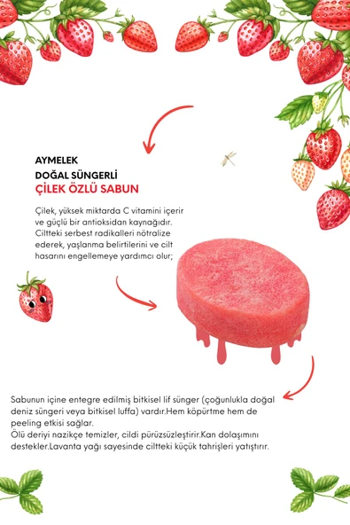 Çilek Özlü Süngerli Doğal Güzellik Sabunu Cilt Kırışıklık Önleyici Etkili - Resim 2