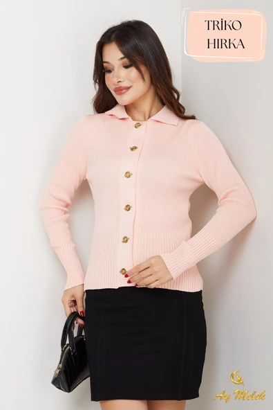 Kadın Triko Polo Yaka Kısa Fitilli Düğmeli Hırka - Resim 6