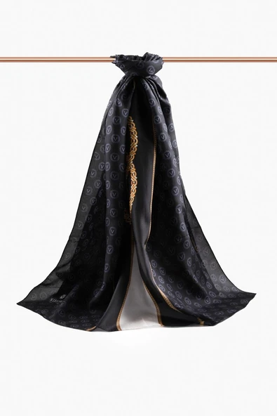 100% İPEK GEOMETRİK DESENLİ BEYAZ - SİYAH RENKLİ ŞAL - Resim 3