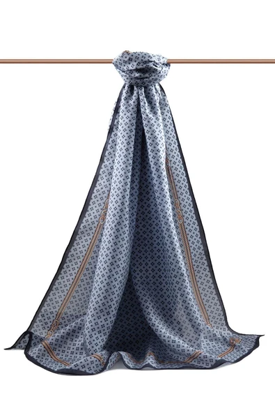 %100 İPEK ZİNCİR DESENLİ İNDİGO - LACİVERT RENKLİ ŞAL - Resim 2