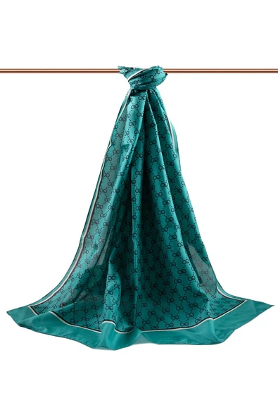 %100 İpek Minik Motif Desenli Petrol Yeşili Renkli 92x210 Şal - Resim 2