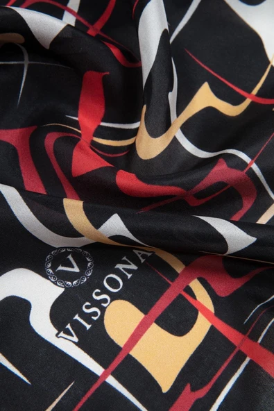 100% İPEK ÇİZGİLİ DESENLİ SİYAH - BORDO  RENKLİ ŞAL - Resim 3