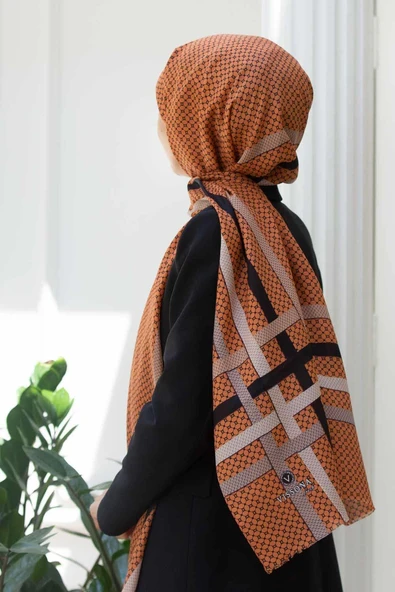 100% İPEK BANT DESENLİ TABA RENKLİ ŞAL ürün görseli 1